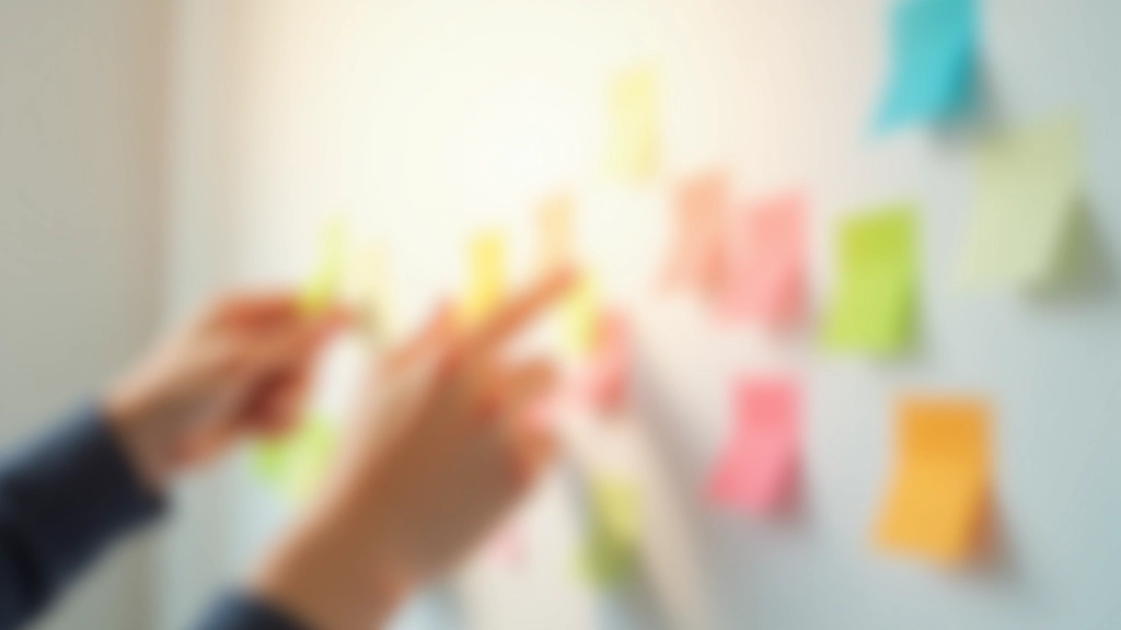 Mãos de várias pessoas escrevendo em post-its amarelos e cor-de-rosa colados numa superfície branca, mostrando o método de brainstorming colaborativo escrito