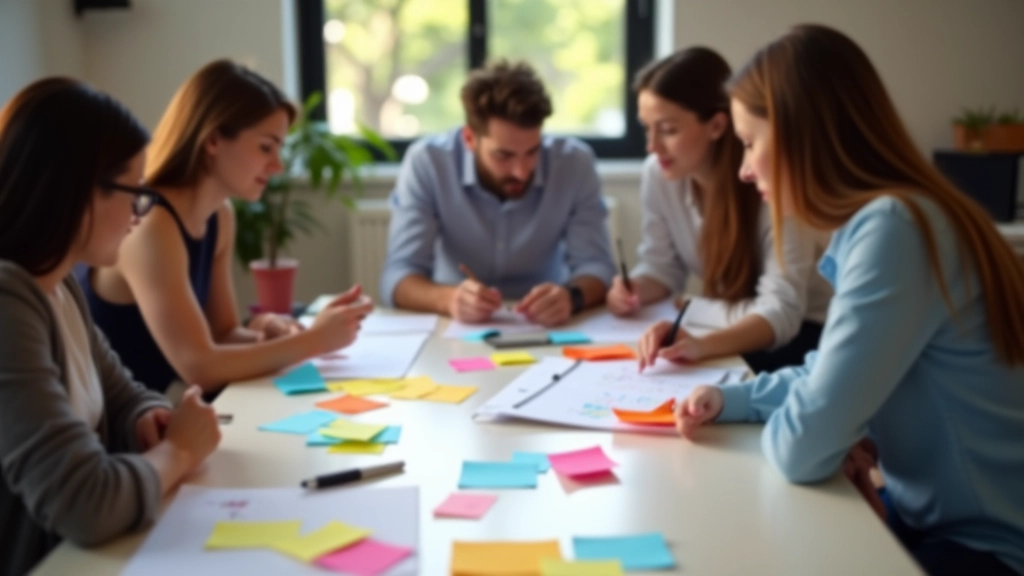 Equipa de criadores em sessão de brainstorming colaborativo com ideias visuais