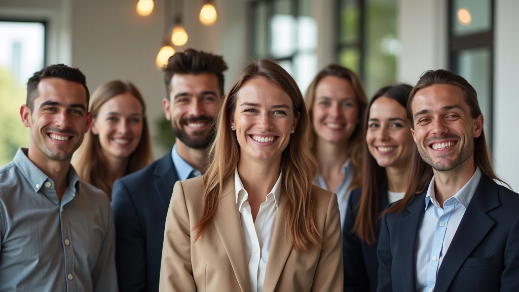 Equipa celebrando lançamento bem-sucedido de projeto inovador, rodeada por elementos de sucesso e crescimento visual