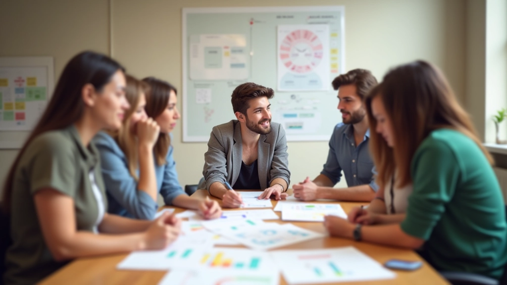 Equipa diversa colaborando numa mesa de trabalho com documentos, laptop, e notas, representando inovação prática e implementação