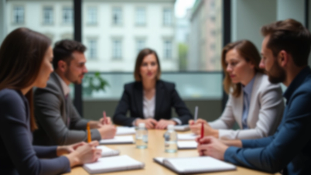 Grupo de profissionais em torno de uma mesa de reunião, com bloco de notas e canetas, em discussão animada e colaborativa