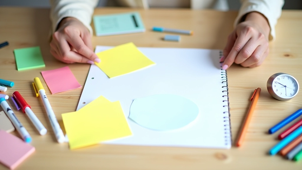 Variedade de ferramentas de brainstorming dispostas numa mesa: marcadores coloridos, post-its, bloco de notas, canetas, e um relógio, prontos para uma sessão criativa