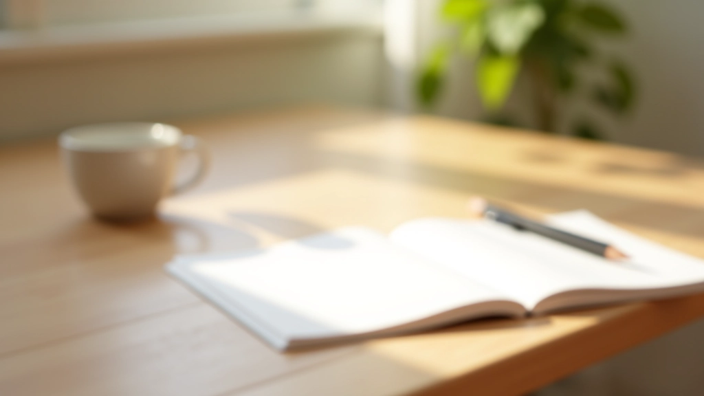 Espaço de trabalho minimalista com caderno aberto e xícara de café em madeira natural