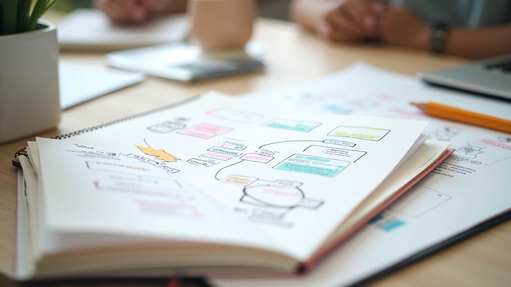 Anotações e diagramas visuais de técnicas de criatividade em caderno aberto
