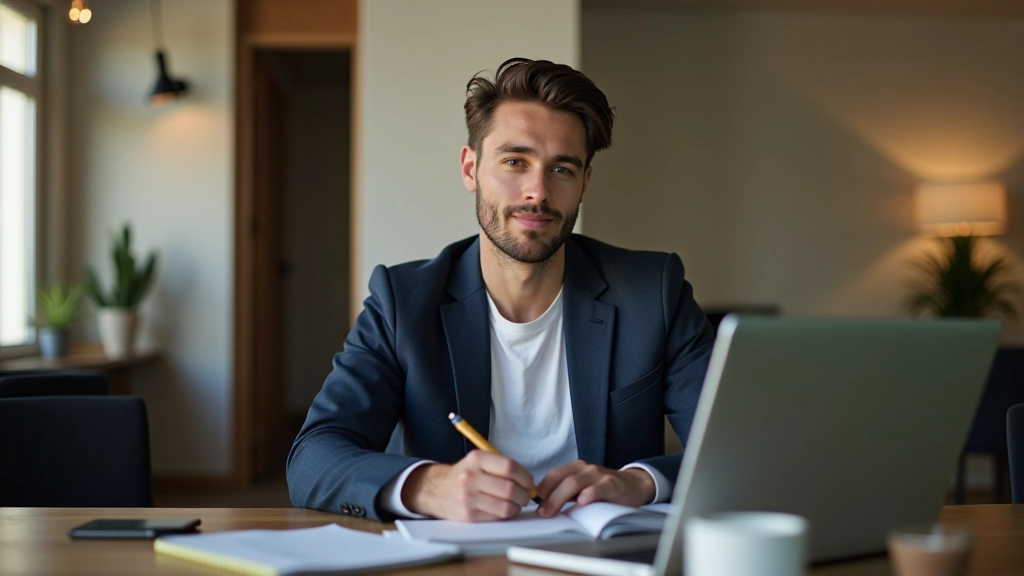 Profissional numa mesa moderna com laptop, caderno e canetas coloridas, prototipando uma ideia inovadora