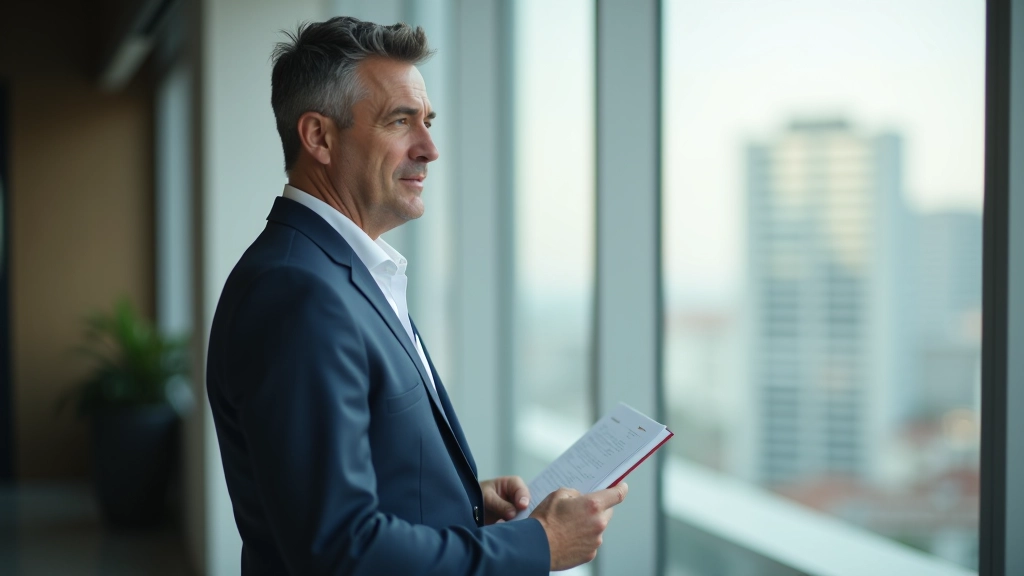 Pessoa em posição reflexiva junto a janela, olhando para anotações e documentos espalhados sobre desafios de implementação