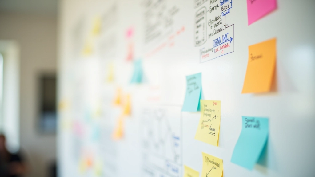 Quadro branco com diagramas de fluxo de design thinking, post-its coloridos e marcadores organizados para sessão de brainstorming criativo