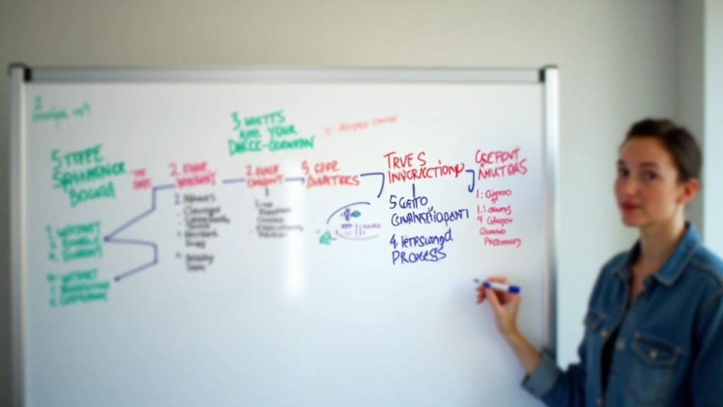 Quadro branco com diagrama de processo em passos numerados, com cores diferentes para cada fase do brainstorming, ilustrando a estrutura e fluxo de uma sessão