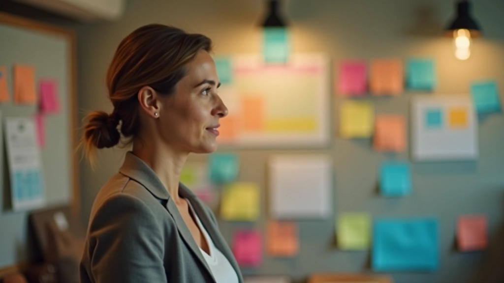 Pessoa apontando para diferentes ideias conectadas em um painel de brainstorming